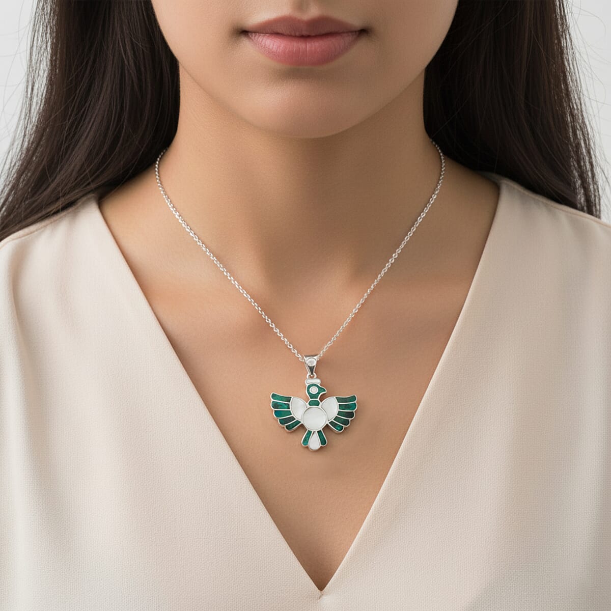 Peruvian Artistry Multi Gemstone 9.00 ctw Green and White Colca Condor Pendant without Chain in Sterling Silver image number 2