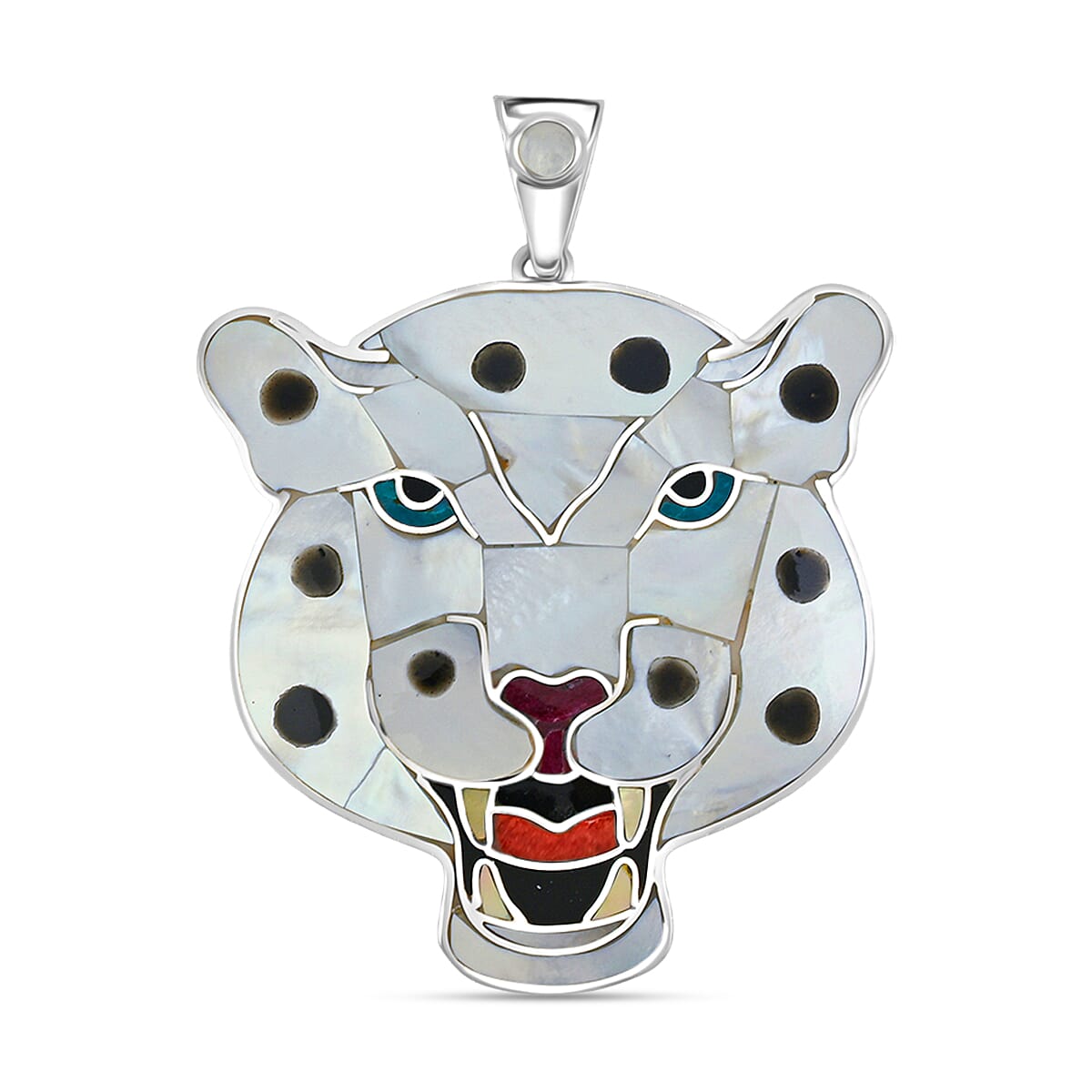 Peruvian Artistry Multi Gemstone White Powerful Puma Pendant in Sterling Silver 16.40 ctw image number 0