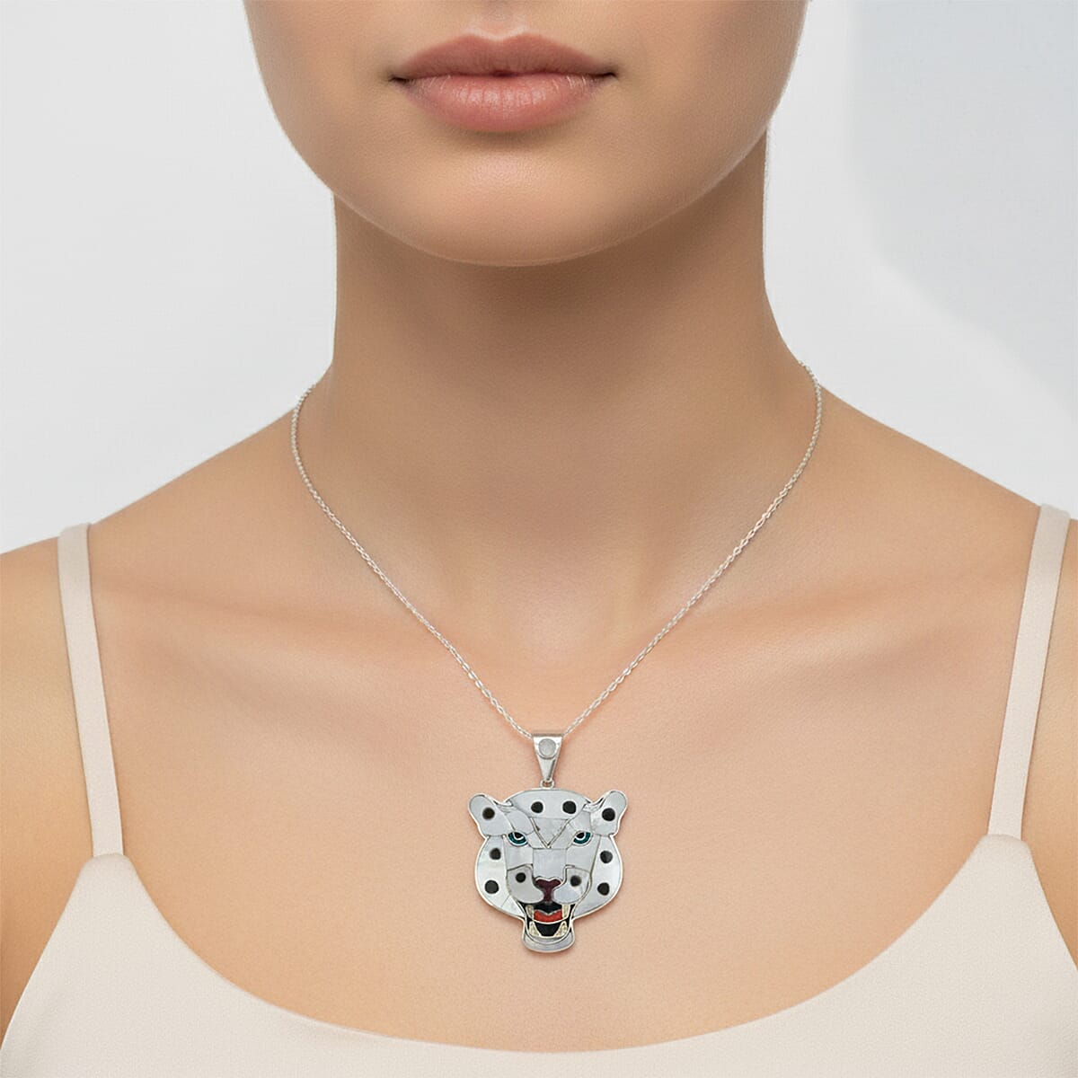 Peruvian Artistry Multi Gemstone White Powerful Puma Pendant in Sterling Silver 16.40 ctw image number 2