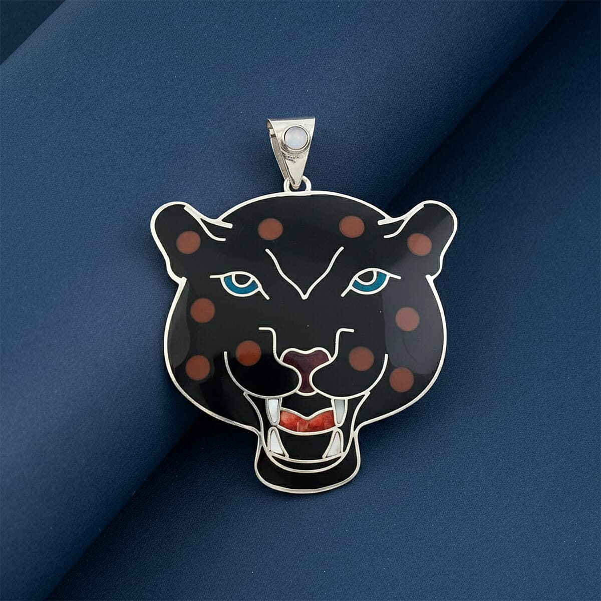 Peruvian Artistry Multi Gemstone 16.20 ctw Black Powerful Puma Pendant without Chain in Sterling Silver image number 1