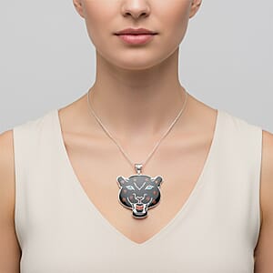 Peruvian Artistry Multi Gemstone 16.20 ctw Black Powerful Puma Pendant without Chain in Sterling Silver