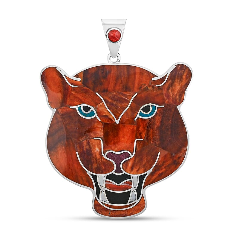 Peruvian Artistry Multi Gemstone 16.10 ctw Orange Powerful Puma Pendant in Sterling Silver