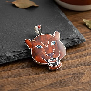 Peruvian Artistry Multi Gemstone 16.10 ctw Orange Powerful Puma Pendant in Sterling Silver