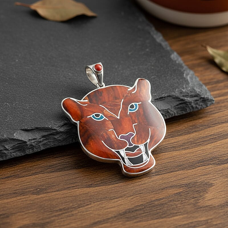 Peruvian Artistry Multi Gemstone 16.10 ctw Orange Powerful Puma Pendant in Sterling Silver