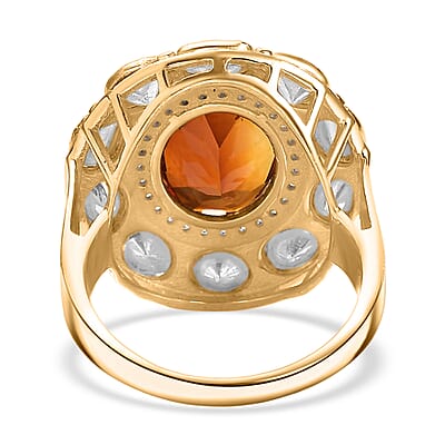 D'Joy Premium Red Citrine and Moissanite 6.65 ctw Royal Fire Glow Ring in 18K Vermeil Yellow Gold Over Sterling Silver (Size 6.0)