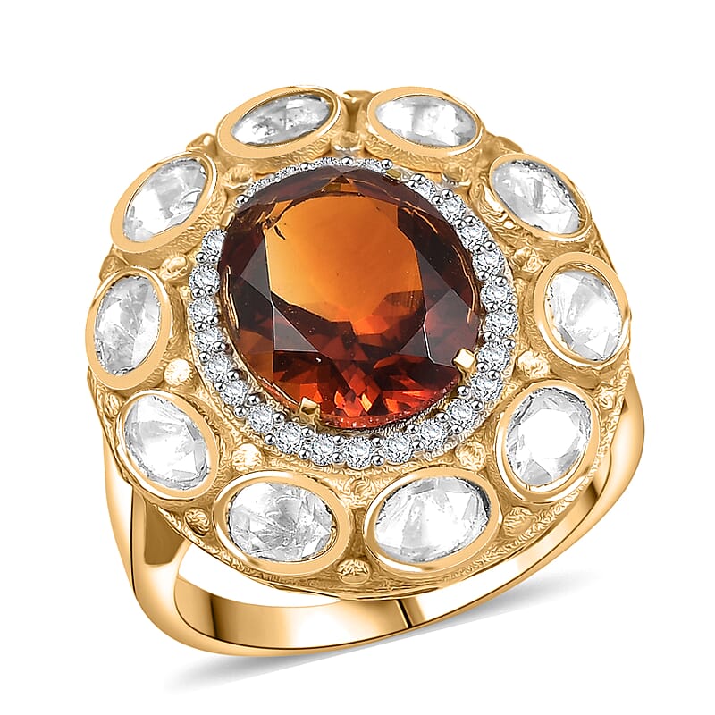 D'Joy Premium Red Citrine and Moissanite 6.65 ctw Royal Fire Glow Ring in 18K Vermeil Yellow Gold Over Sterling Silver (Size 7.0)