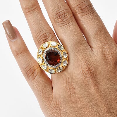 D'Joy Premium Red Citrine and Moissanite 6.65 ctw Royal Fire Glow Ring in 18K Vermeil Yellow Gold Over Sterling Silver (Size 7.0)