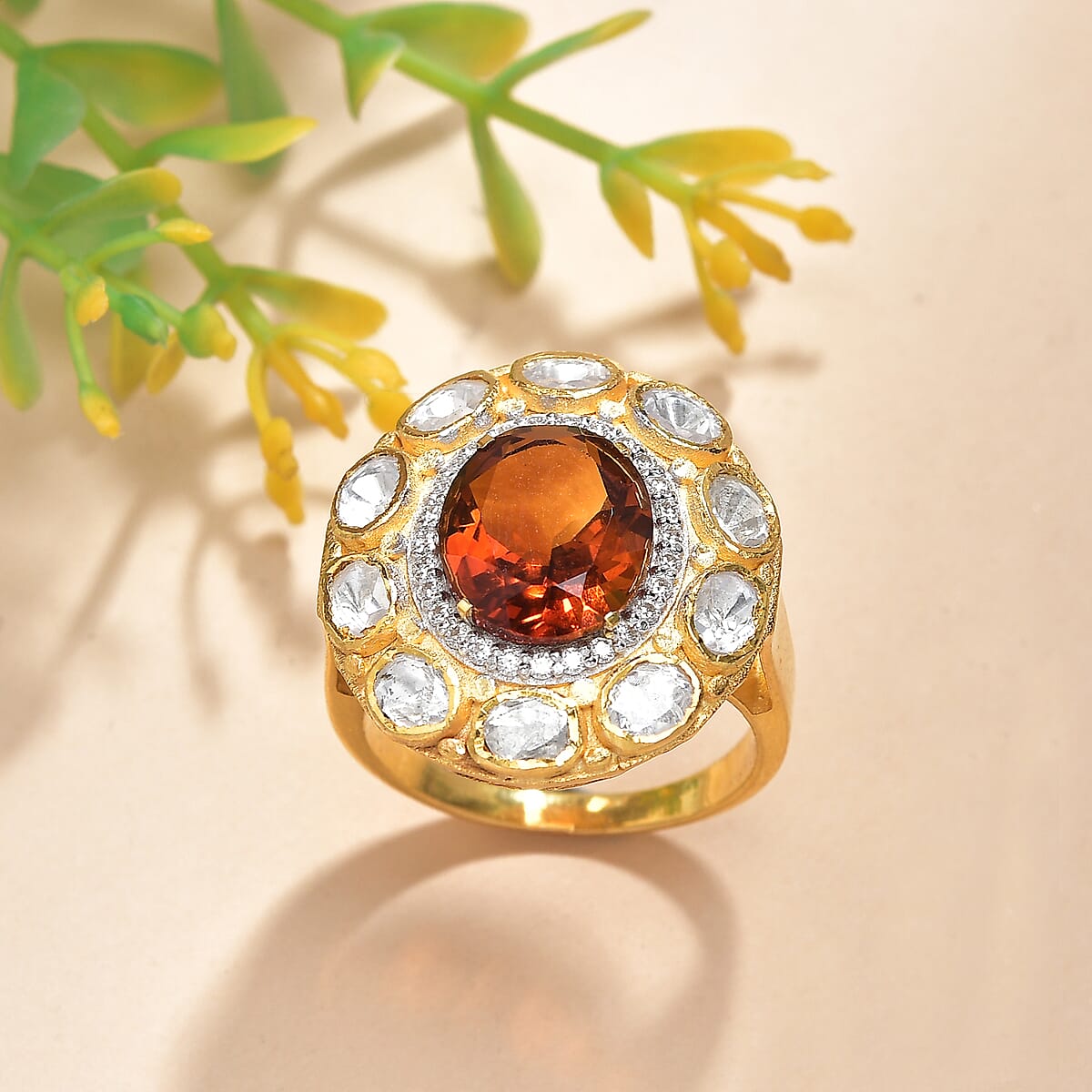Doorbuster D'Joy Premium Red Citrine and Moissanite 6.65 ctw Royal Fire Glow Ring in 18K Vermeil Yellow Gold Over Sterling Silver (Size 9.0) image number 1