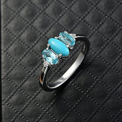 Sleeping Beauty Turquoise, Apatite, Lab Grown Diamond Ring in Rhodium Over Sterling Silver 1.25 ctw (Size 10.0)