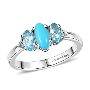 Sleeping Beauty Turquoise and Apatite, Luxuriant Lab Grown Diamond G-H SI 1.25 ctw Ring in Rhodium Over Sterling Silver (Size 7.0)