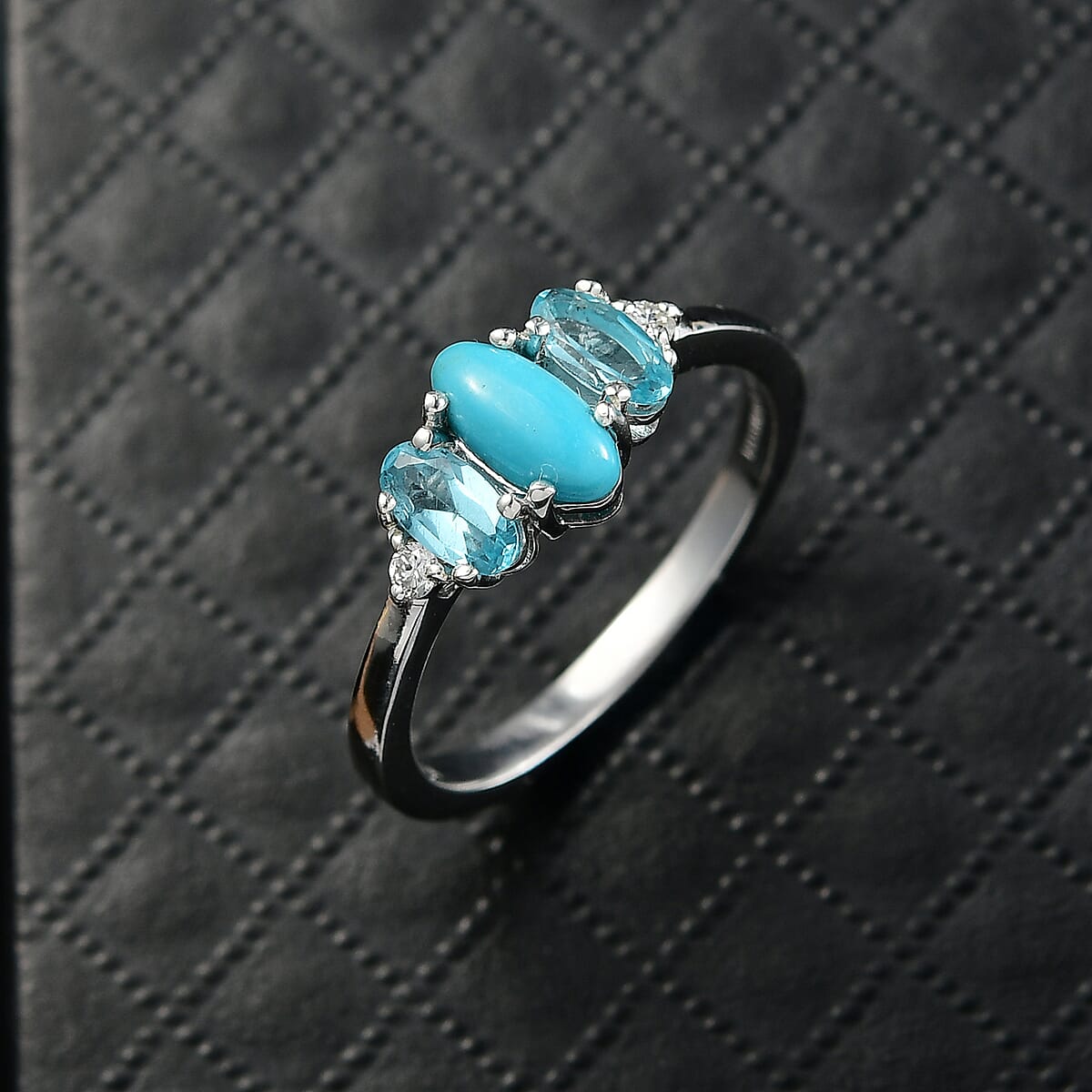 Sleeping Beauty Turquoise, Apatite, Lab Grown Diamond Ring in Rhodium Over Sterling Silver 1.25 ctw (Size 9.0) image number 1