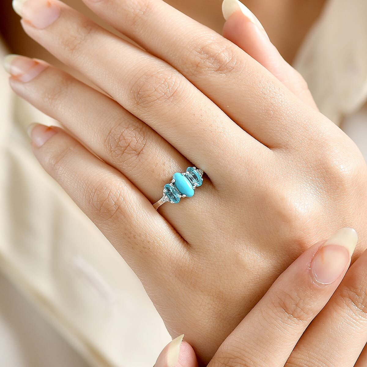 Sleeping Beauty Turquoise, Apatite, Lab Grown Diamond Ring in Rhodium Over Sterling Silver 1.25 ctw (Size 9.0) image number 2