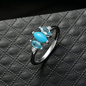 Sleeping Beauty Turquoise, Apatite, Lab Grown Diamond Blue Dynasty Ring in Rhodium Over Sterling Silver 1.15 ctw (Size 5.0)