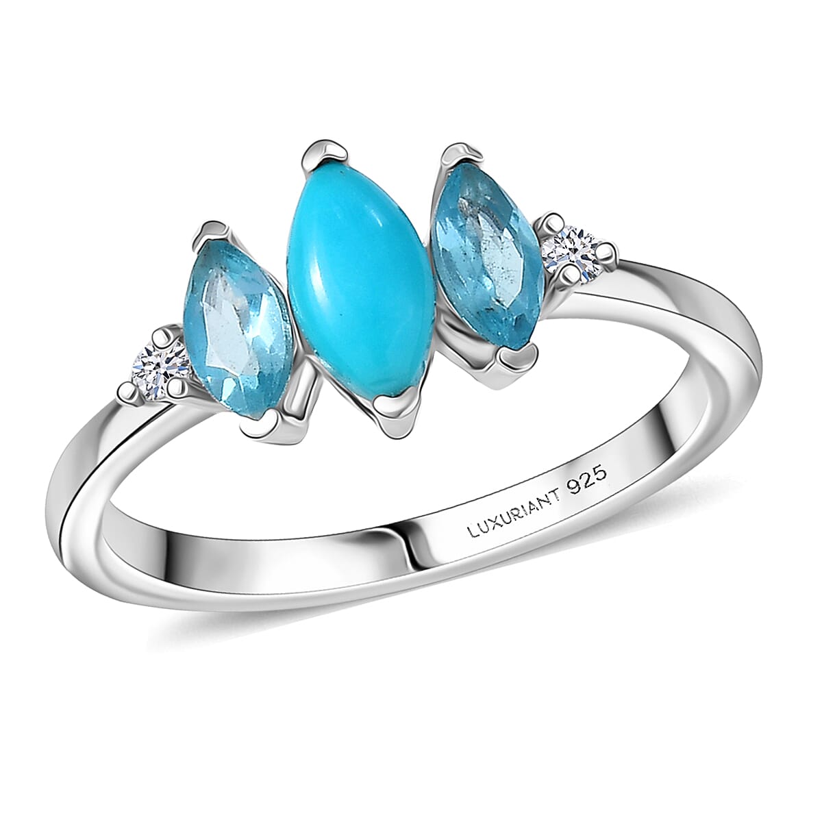 Sleeping Beauty Turquoise and Apatite, Luxuriant Lab Grown Diamond G-H SI 1.15 ctw Blue Dynasty Ring in Rhodium Over Sterling Silver (Size 7.0) image number 0