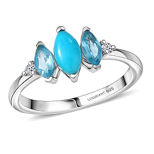 Sleeping Beauty Turquoise and Apatite, Luxuriant Lab Grown Diamond G-H SI 1.15 ctw Blue Dynasty Ring in Rhodium Over Sterling Silver (Size 7.0)