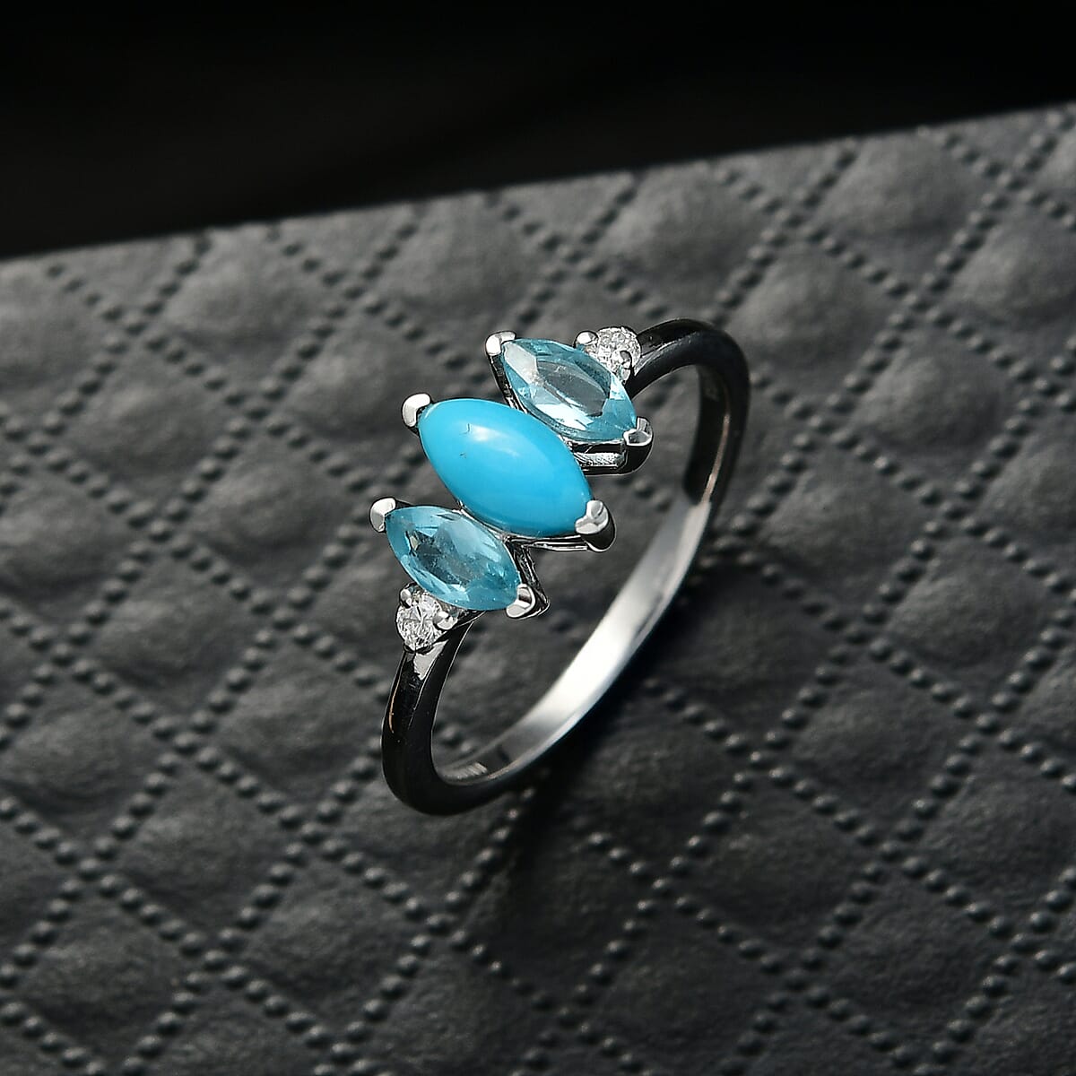 Sleeping Beauty Turquoise and Apatite, Luxuriant Lab Grown Diamond G-H SI 1.15 ctw Blue Dynasty Ring in Rhodium Over Sterling Silver (Size 7.0) image number 1