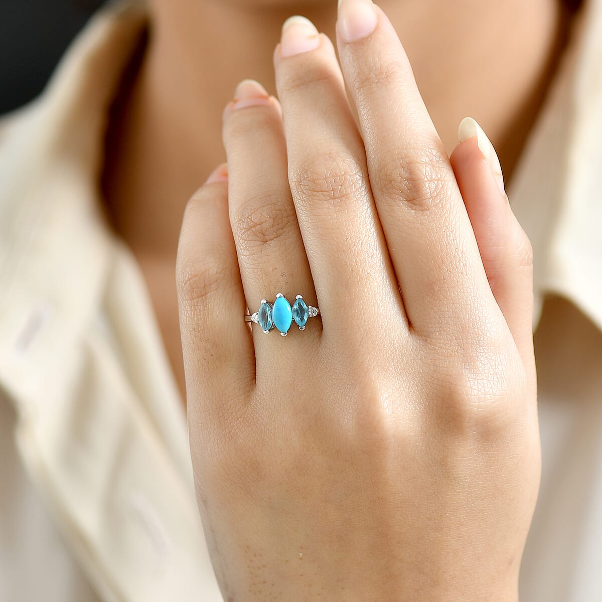 Sleeping Beauty Turquoise and Apatite, Luxuriant Lab Grown Diamond G-H SI 1.15 ctw Blue Dynasty Ring in Rhodium Over Sterling Silver (Size 7.0) image number 2