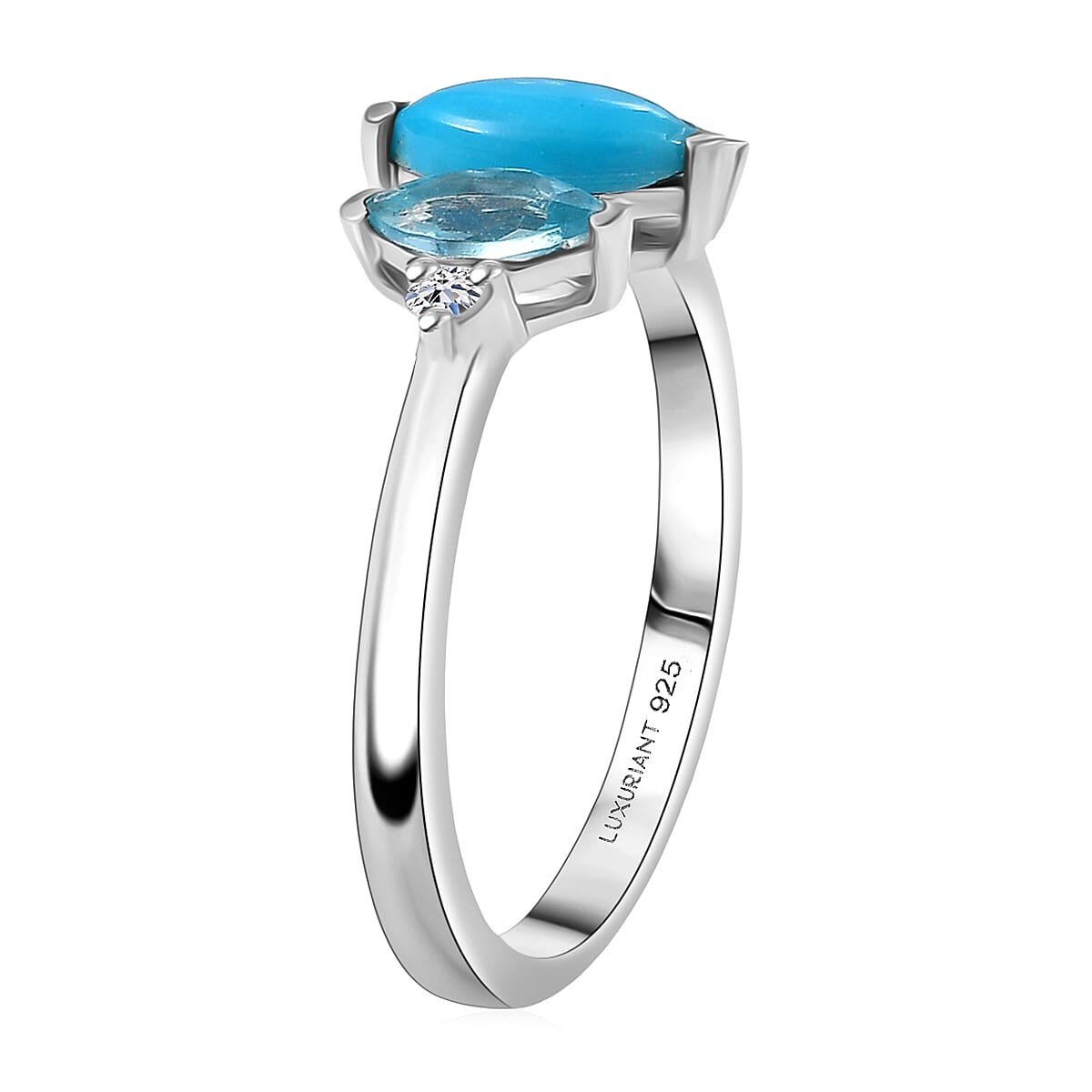 Sleeping Beauty Turquoise and Apatite, Luxuriant Lab Grown Diamond G-H SI 1.15 ctw Blue Dynasty Ring in Rhodium Over Sterling Silver (Size 7.0) image number 3