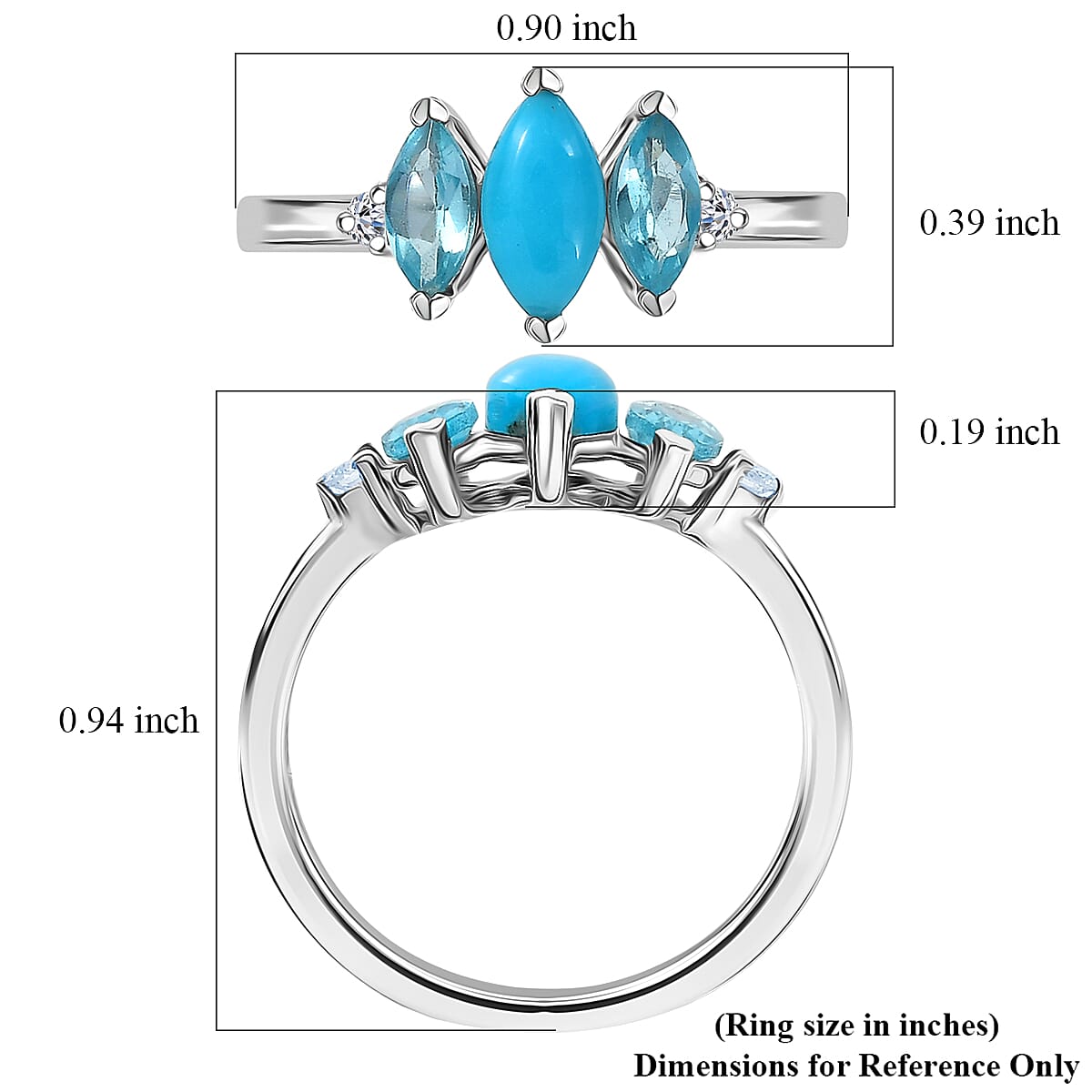 Sleeping Beauty Turquoise and Apatite, Luxuriant Lab Grown Diamond G-H SI 1.15 ctw Blue Dynasty Ring in Rhodium Over Sterling Silver (Size 7.0) image number 5