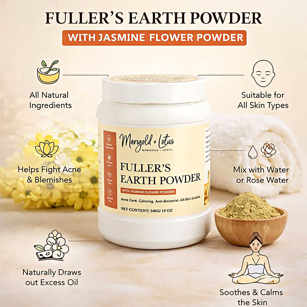 Marigold & Lotus Fuller Earth Powder with Jasmine Flower 19oz