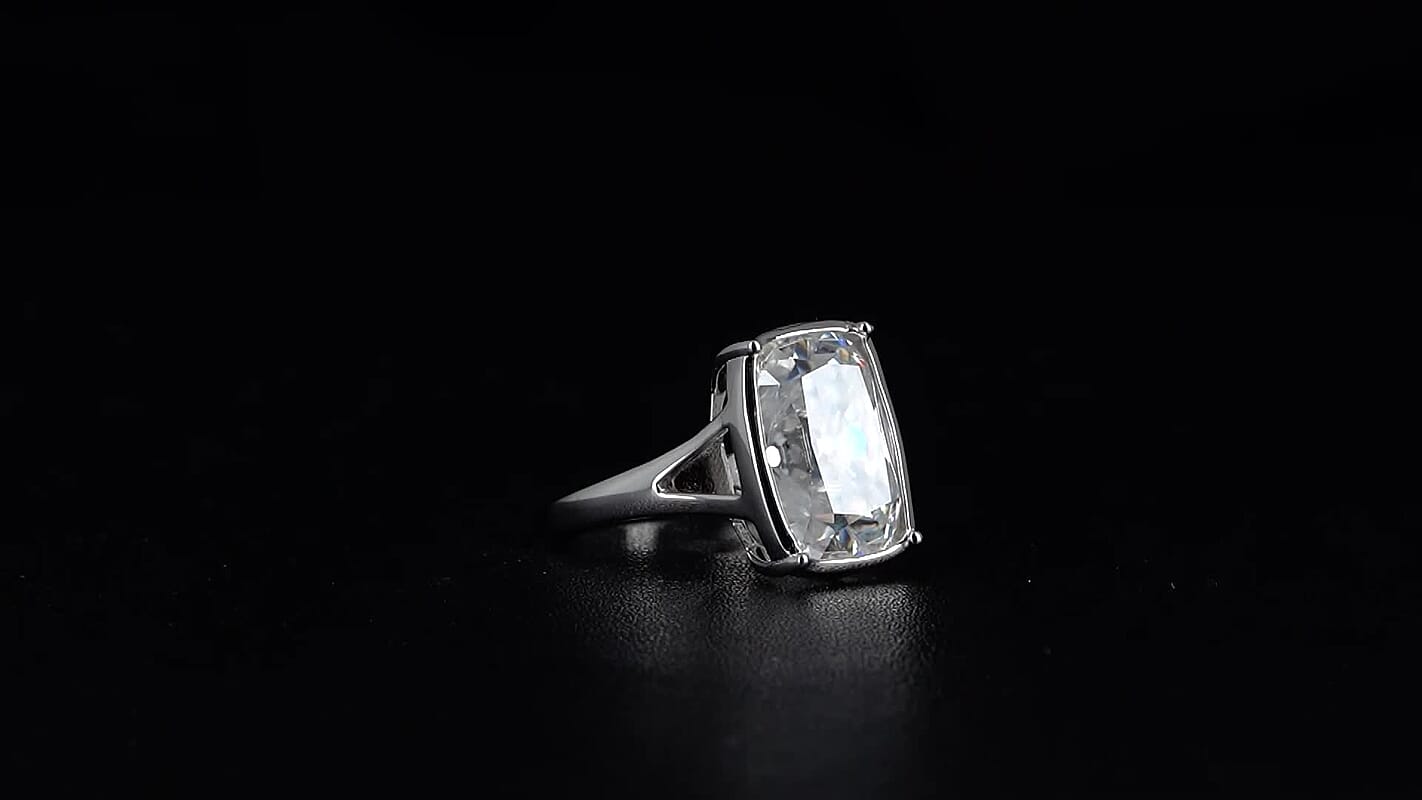 D'Joy Old Mine Cut Moissanite (Cush 16x11mm) Ring in Rhodium Over Sterling Silver (Size 7.0) 10.00 ctw