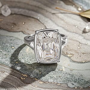 D'Joy Old Mine Cut Moissanite (Cush 16x11mm) Ring in Rhodium Over Sterling Silver (Size 10.0) 10.00 ctw