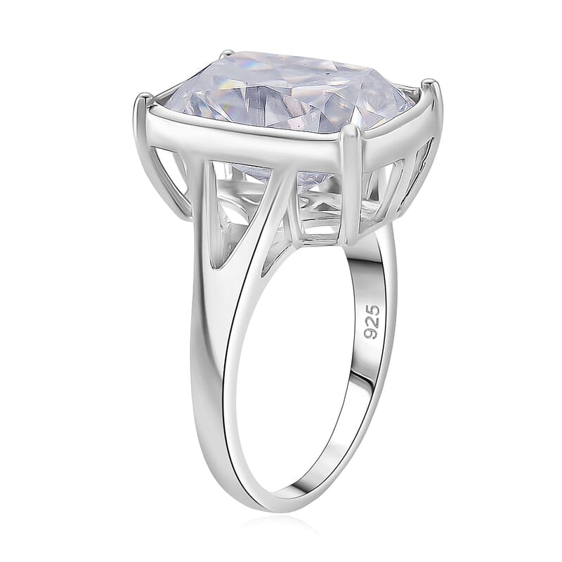 D'Joy Old Mine Cut Moissanite (Cush 16x11mm) Ring in Rhodium Over Sterling Silver (Size 10.0) 10.00 ctw