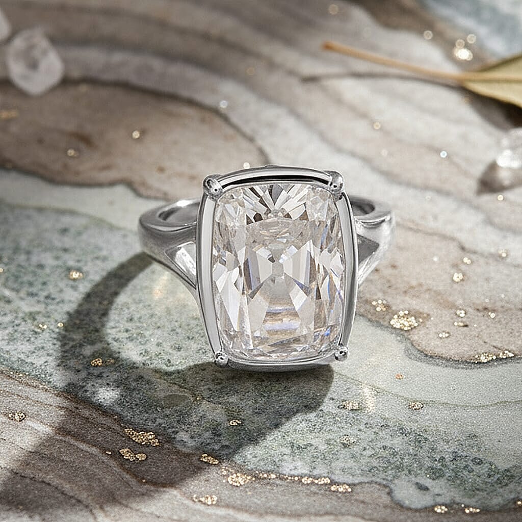 D'Joy Old Mine Cut Moissanite (Cush 16x11mm) Ring in Rhodium Over Sterling Silver (Size 6.0) 10.00 ctw