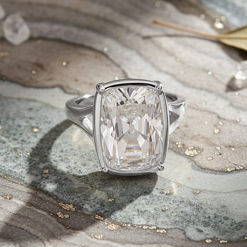 D'Joy Old Mine Cut Moissanite (Cush 16x11mm) Ring in Rhodium Over Sterling Silver (Size 6.0) 10.00 ctw