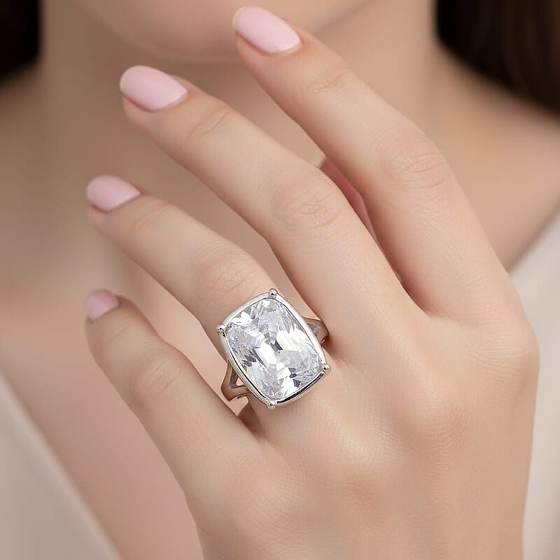 D'Joy Old Mine Cut Moissanite (Cush 16x11mm) Ring in Rhodium Over Sterling Silver (Size 6.0) 10.00 ctw