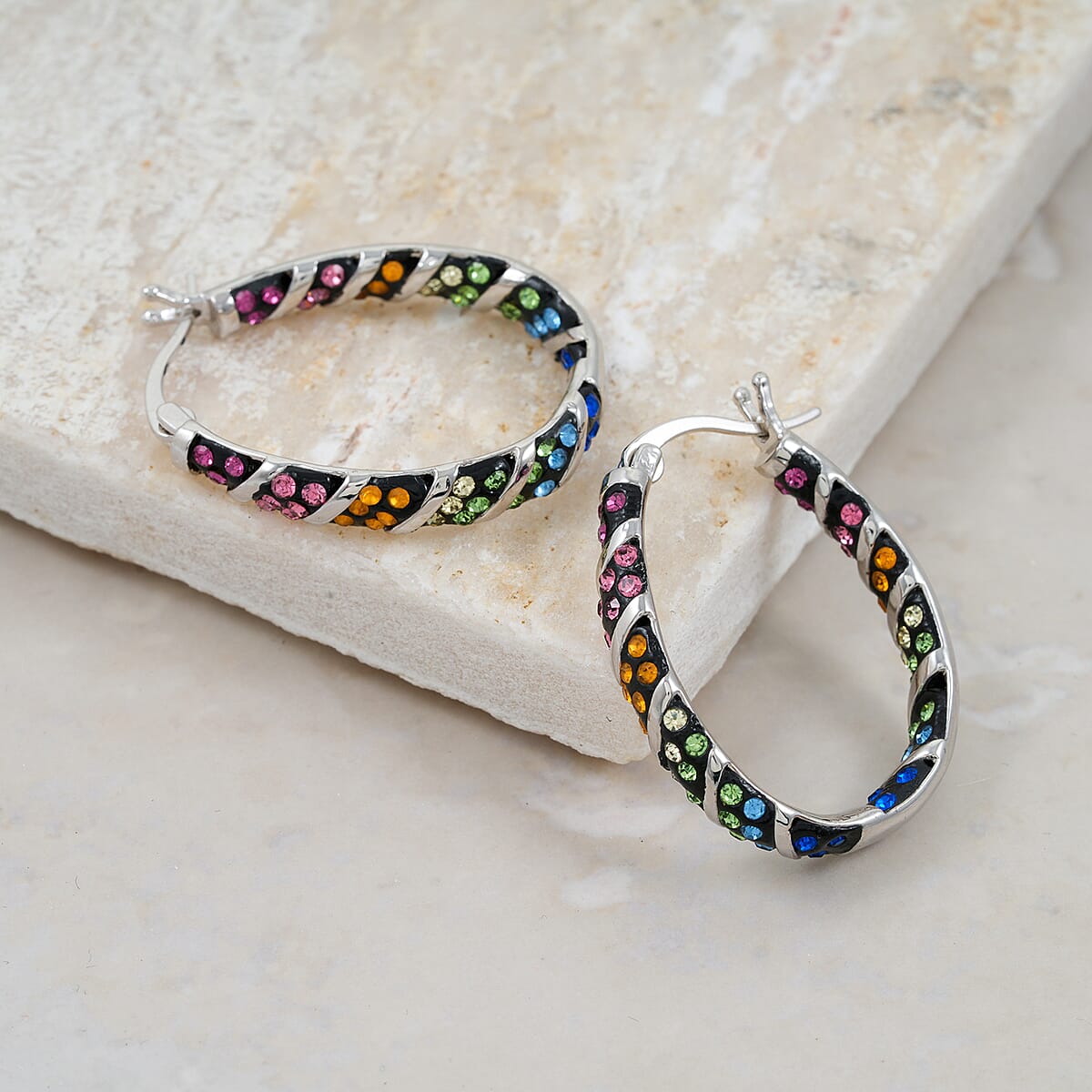 Simulated Rainbow Diamond Earrings in Silvertone 2.65 ctw image number 1