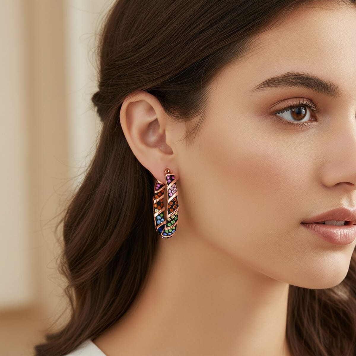 Simulated Rainbow Diamond Earrings in Rosetone image number 1