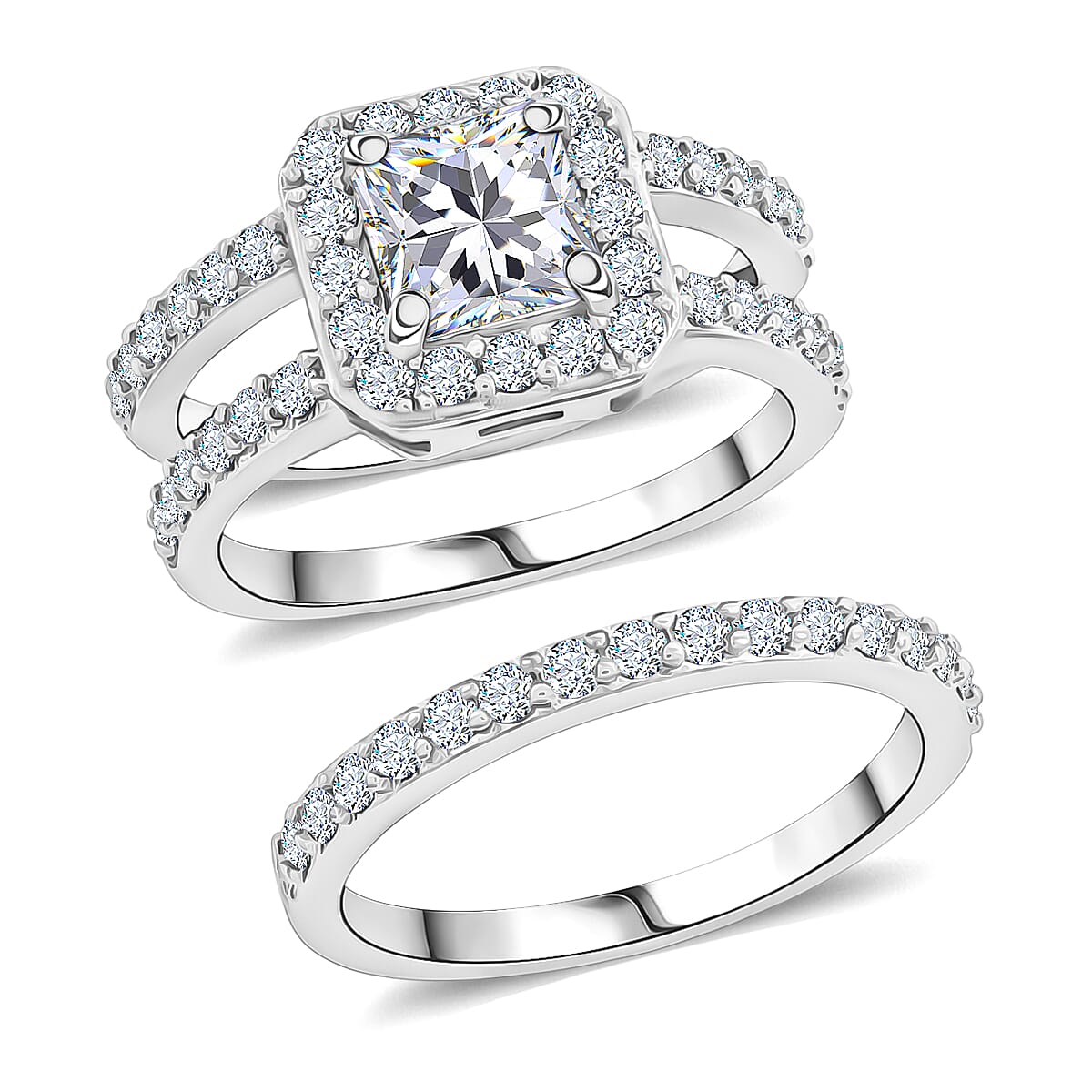 Simulated Diamond Set of 2 Stackable Ring in Silvertone (Size 6.0)