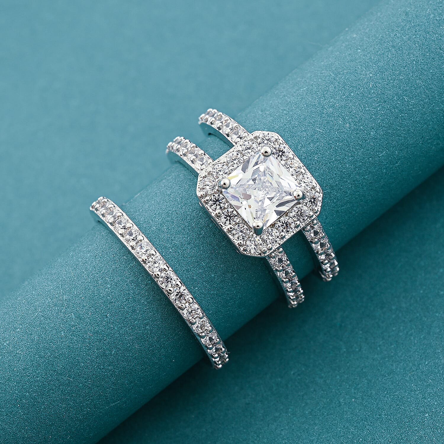 Simulated Diamond Set of 2 Stackable Ring in Silvertone (Size 6.0)