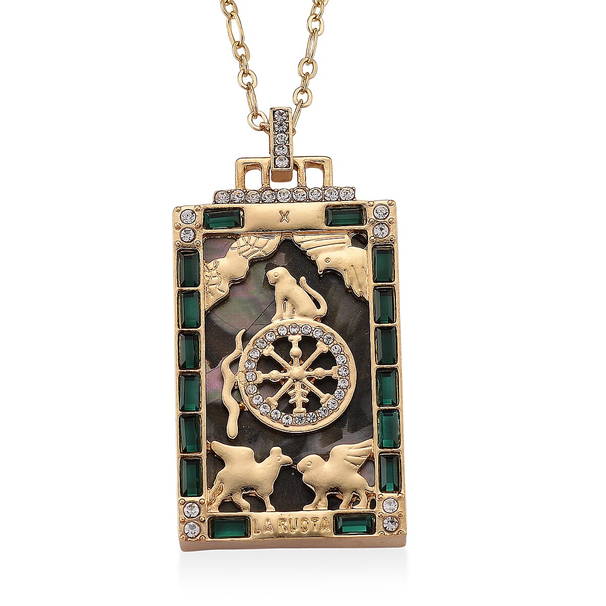 Doorbuster Multi Color Shell Pearl, Green and White Austrian Crystal Wheel of Fate Tarot Necklace in Goldtone 24 Inches image number 0