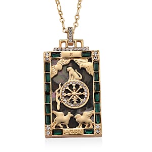 Doorbuster Multi Color Shell Pearl, Green and White Austrian Crystal Wheel of Fate Tarot Necklace in Goldtone 24 Inches