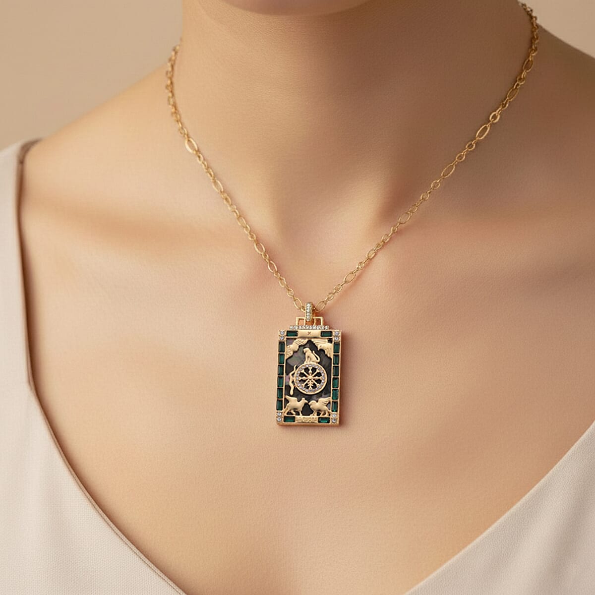 Doorbuster Multi Color Shell Pearl, Green and White Austrian Crystal Wheel of Fate Tarot Necklace in Goldtone 24 Inches image number 2