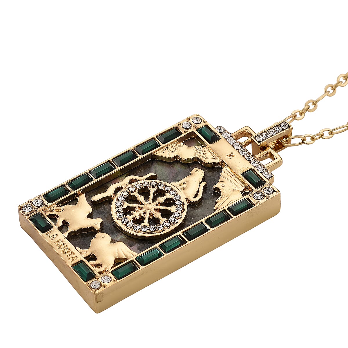 Doorbuster Multi Color Shell Pearl, Green and White Austrian Crystal Wheel of Fate Tarot Necklace in Goldtone 24 Inches image number 3