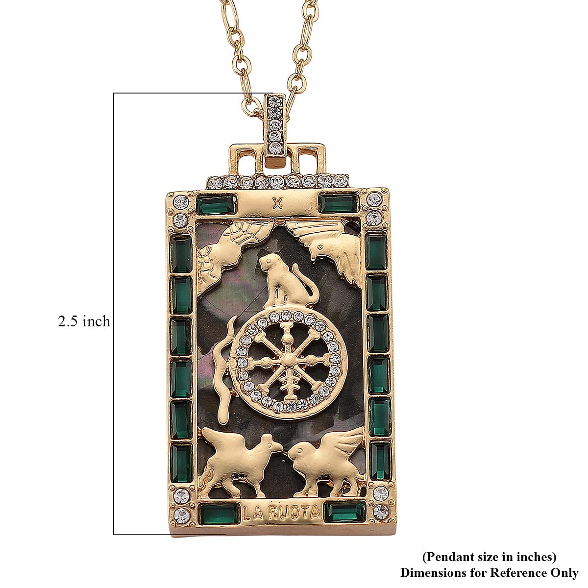 Doorbuster Multi Color Shell Pearl, Green and White Austrian Crystal Wheel of Fate Tarot Necklace in Goldtone 24 Inches image number 6