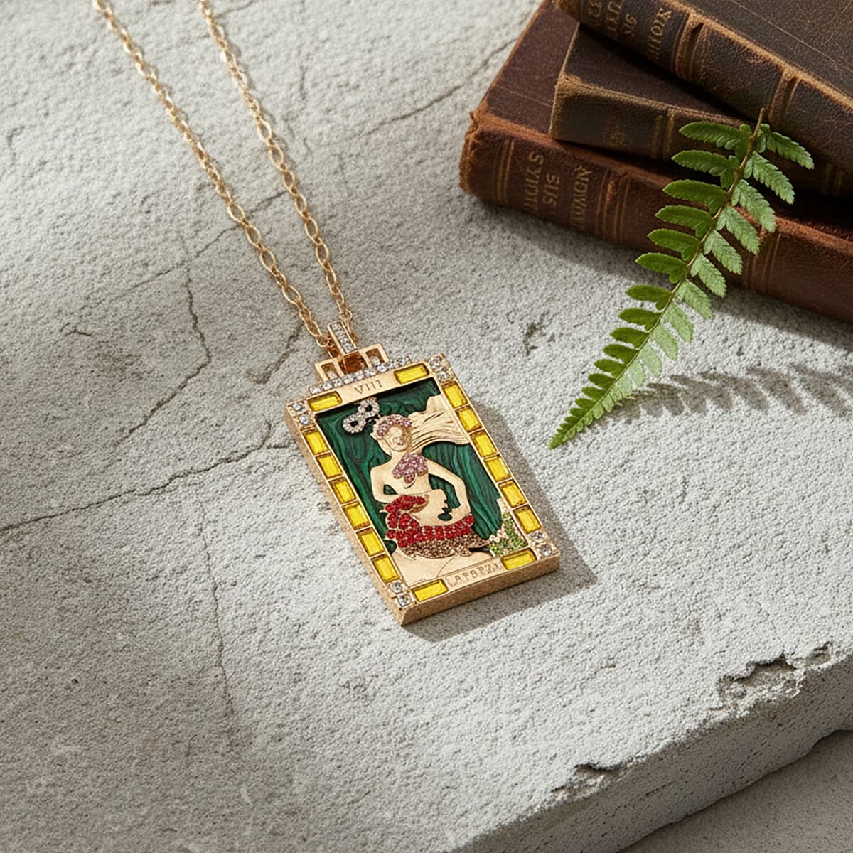 Doorbuster Lab Created Malachite 1.50 ctw and Multi Color Austrian Crystal Goddess of Serenity Tarot Necklace in Goldtone 24 Inches image number 1