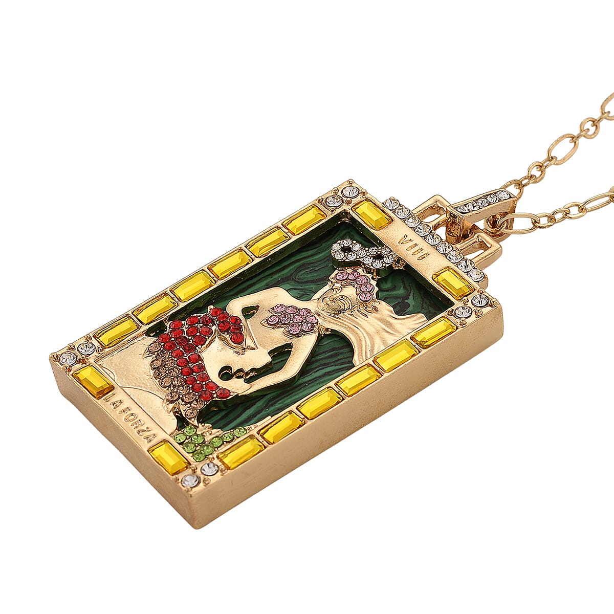 Doorbuster Lab Created Malachite 1.50 ctw and Multi Color Austrian Crystal Goddess of Serenity Tarot Necklace in Goldtone 24 Inches image number 3
