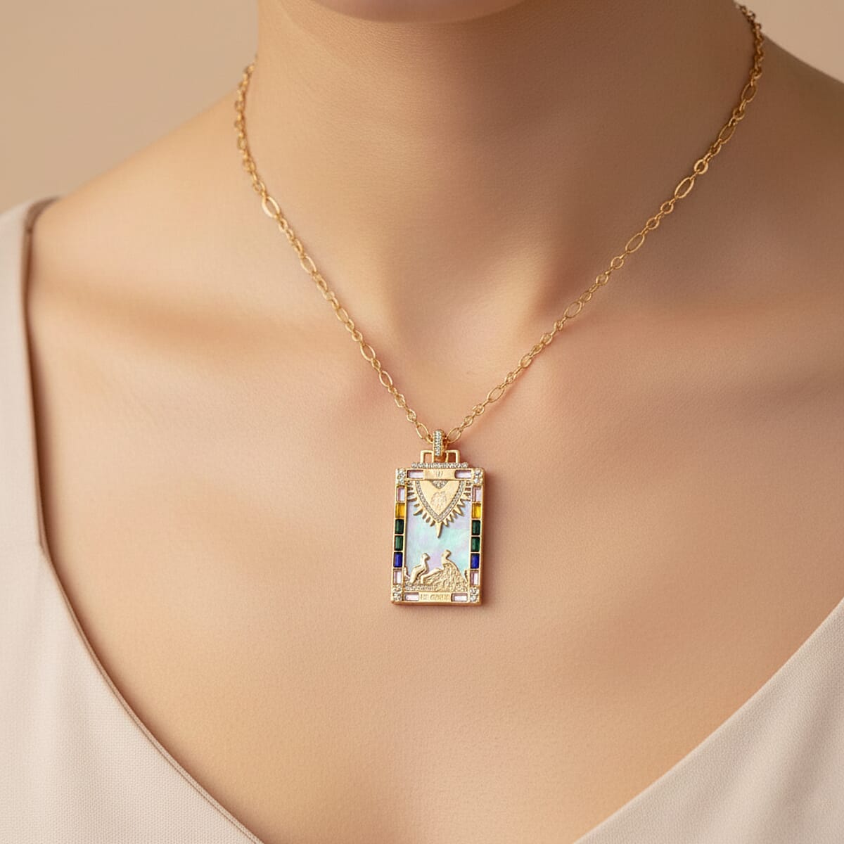 Doorbuster White Shell Pearl and Multi Color Austrian Crystal Golden Meadows Tarot Necklace in Goldtone 24 Inches image number 2