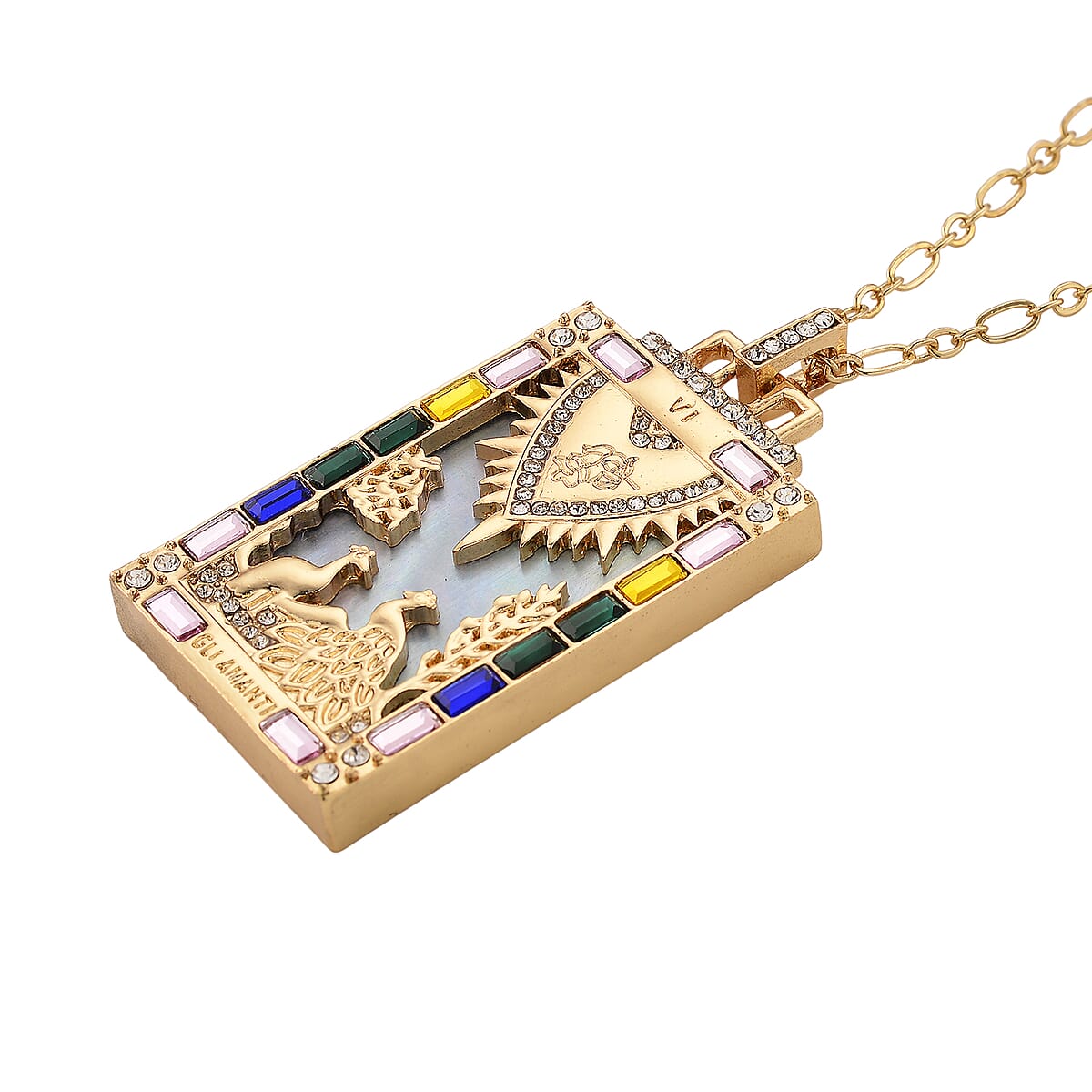 Doorbuster White Shell Pearl and Multi Color Austrian Crystal Golden Meadows Tarot Necklace in Goldtone 24 Inches image number 3