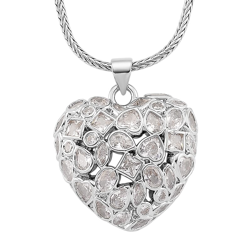 Simulated Diamond Heart Pendant Necklace in Silvertone 20-21.5 Inches