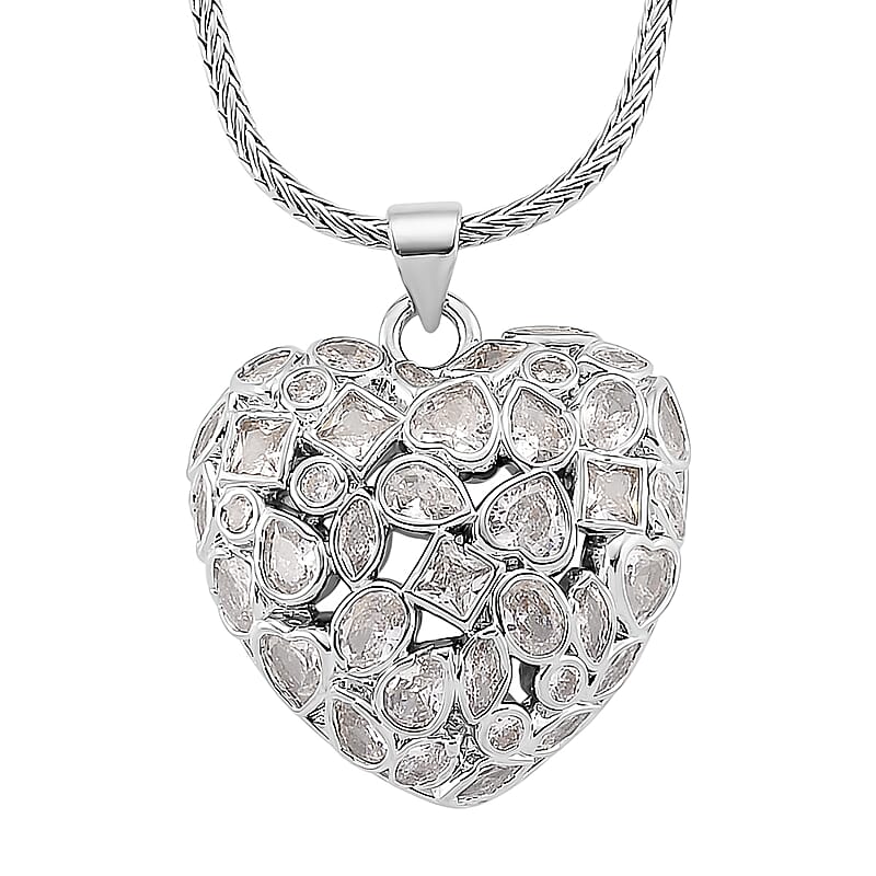 Simulated Diamond Heart Pendant Necklace in Silvertone 20-21.5 Inches 