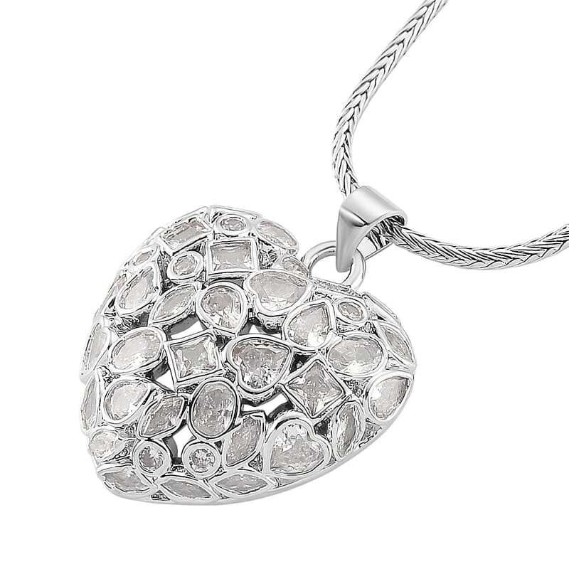 Simulated Diamond Heart Pendant Necklace in Silvertone 20-21.5 Inches