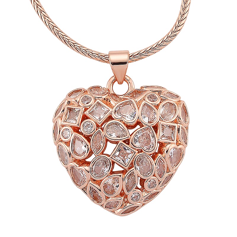 Simulated Diamond Heart Pendant Necklace in Rosetone 20-21.5 Inches