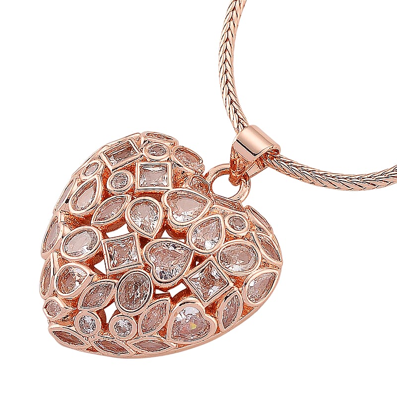 Simulated Diamond Heart Pendant Necklace in Rosetone 20-21.5 Inches