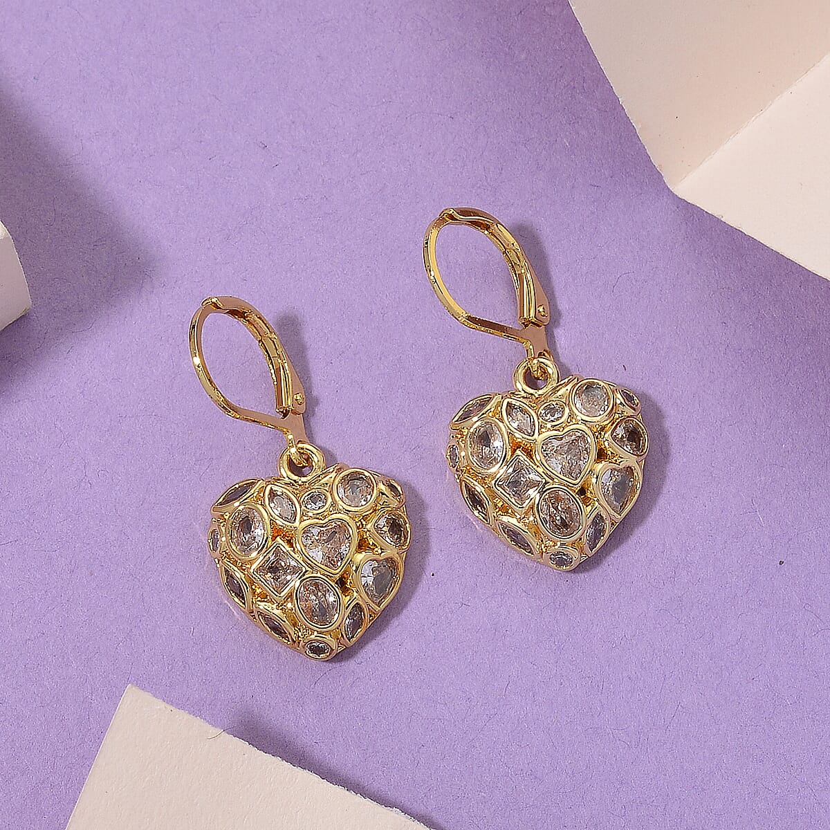 Simulated Diamond Heart Earrings in Goldtone image number 1
