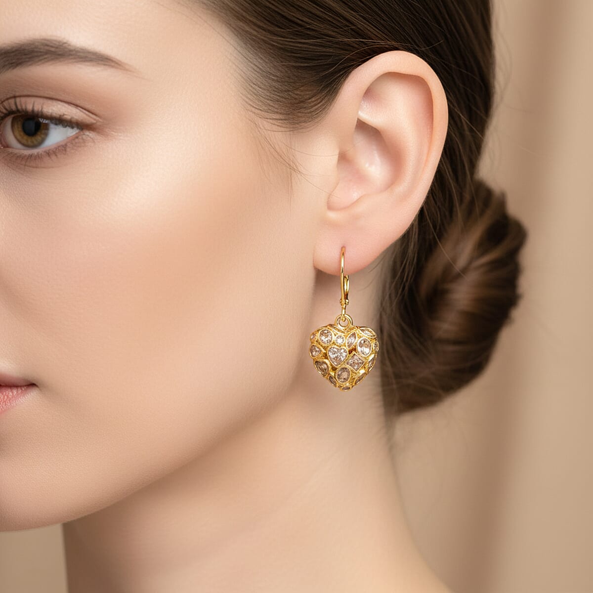 Simulated Diamond Heart Earrings in Goldtone image number 2